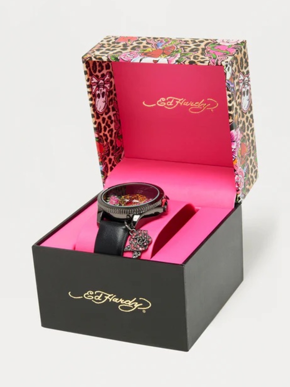 •Tiger Rose• Ed Hardy Black Dial Gunmetal Case Leather Strap Y2K Tattoo Watch - Picture 4 of 5